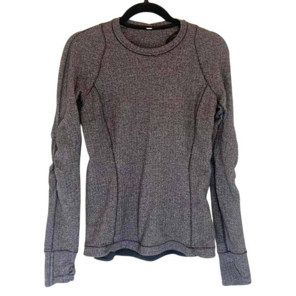 Lululemon Herringbone Long Sleeve Athletic Top Grey Black Thumbholes Size 8